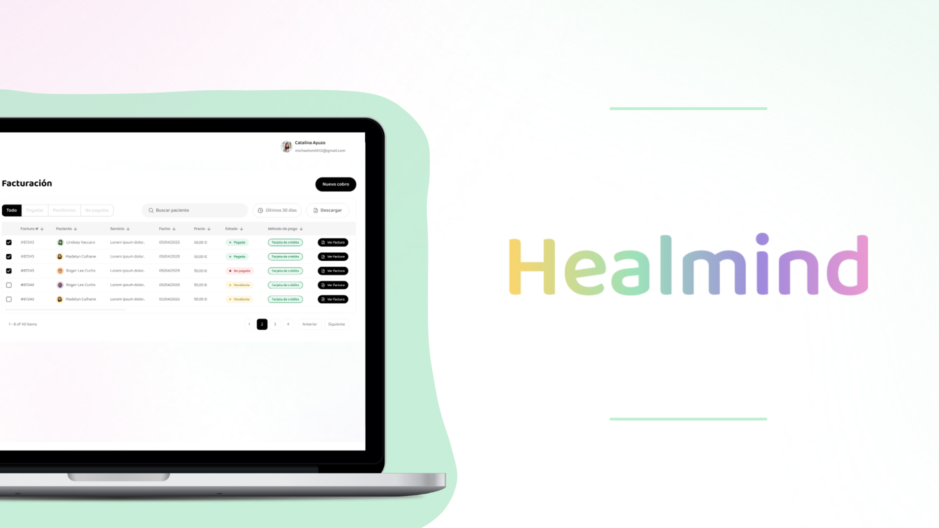 Vista previa de Healmind: agenda, cobros y sesiones en un mismo panel